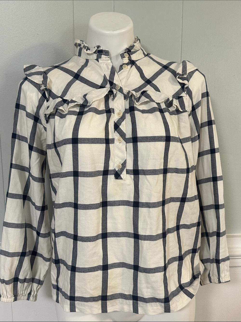 J. Crew White and Navy Plaid Ruffle Yoke Top